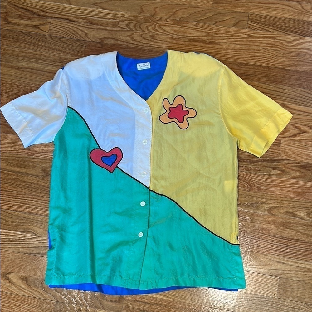 Vintage Betty Barclay silk Colorful Shirt with Heart & Star Design Women medium
